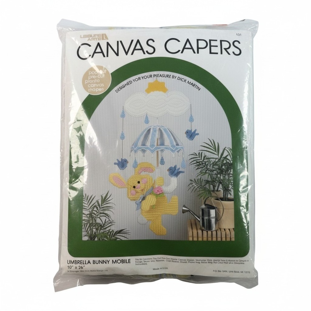 Leisure Arts Canvas Capers Umbrella Bunny Mobile Kit 131 Dick Martin 1984 Vtg